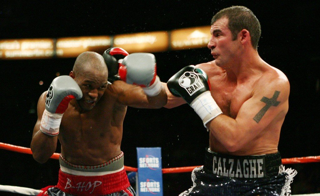 Wales' Joe Calzaghe on top as he exchanges punches with USA 's Bernard Hopkins during the Light-Heavyweight Title at Thomas & Mack Center, Las Vegas, USA. PRESS ASSOCIATION Photo. Picture date: Saturday April 19, 2008. See PA story BOXING Las Vegas. Photo credit should read: Nick Potts/PA Wire.