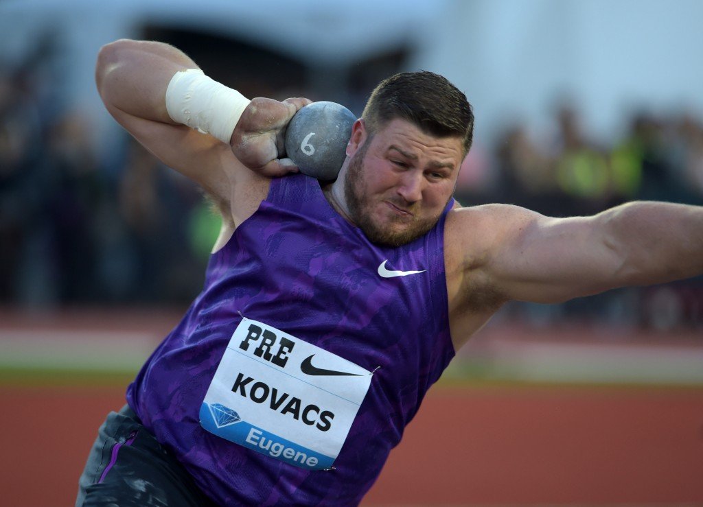May 29, 2015; Eugene, OR, USA; Joe Kovacs (USA) wins the shot put at 72-7 (22.12m) during the 41st Prefontaine Classic at Hayward Field.