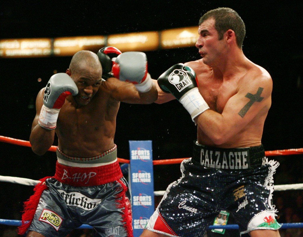 Wales' Joe Calzaghe on top as he exchanges punches with USA 's Bernard Hopkins during the Light-Heavyweight Title at Thomas & Mack Center, Las Vegas, USA. PRESS ASSOCIATION Photo. Picture date: Saturday April 19, 2008. See PA story BOXING Las Vegas. Photo credit should read: Nick Potts/PA Wire.